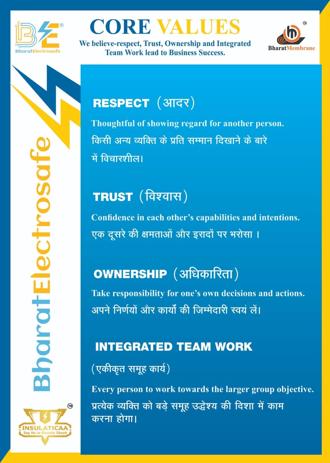 Bharat Electrosafe Core Values artwork showing Respect, Trust, Ownership and Integrated Team Work