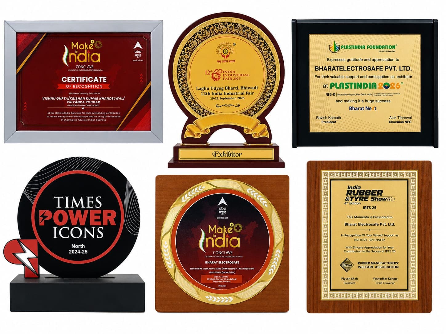 Grouped photograph of Bharat Electrosafe awards and industry-event recognitions