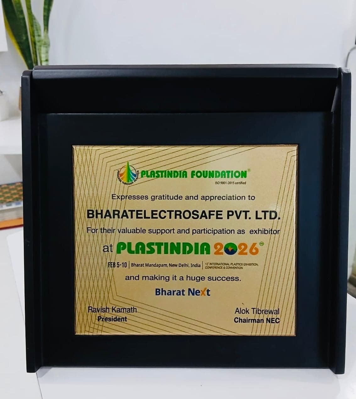 PlastIndia Foundation plaque presented to Bharatelectrosafe Pvt. Ltd. for exhibiting at PlastIndia 2026