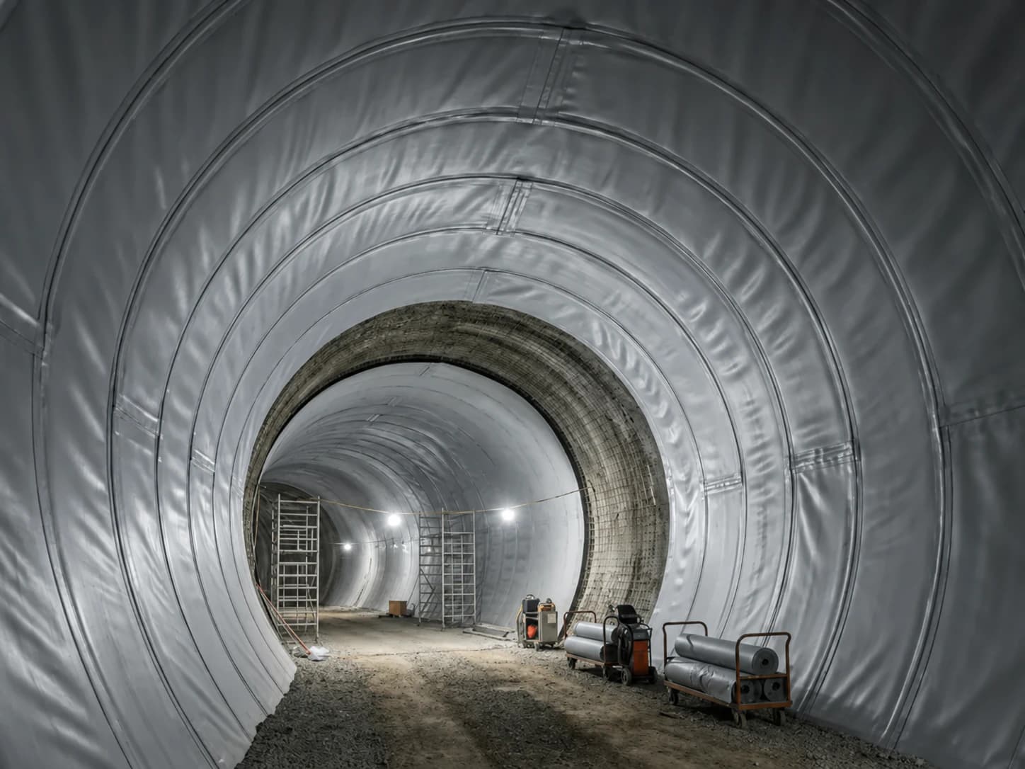 PVC waterproof membrane lining inside an underground tunnel