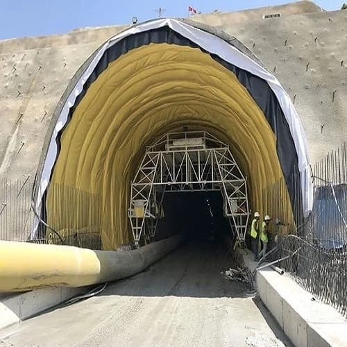 PVC geomembrane installed across a tunnel portal with reinforcement in place