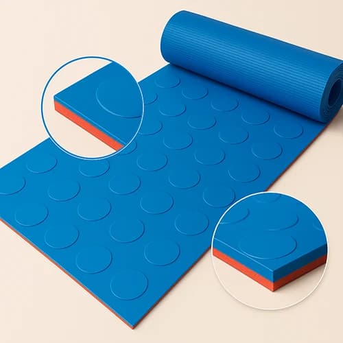 Blue dual-layer insulating mat with contrasting red lower layer