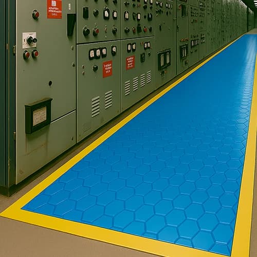 Blue insulating mat with yellow safety boundary strips