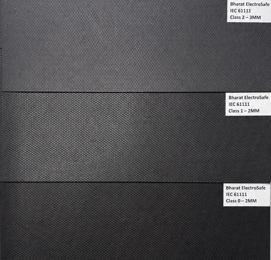 Bharat Electrosafe IEC 61111:2009 insulating mat marking examples — Class 0, Class 1 and Class 2 markings with thickness