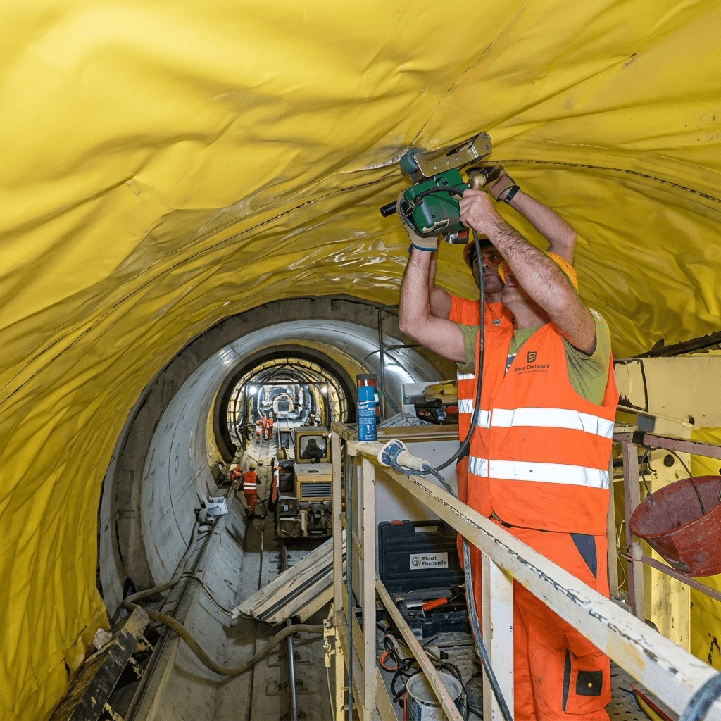 Waterproofing membrane being installed inside an infrastructure tunnel