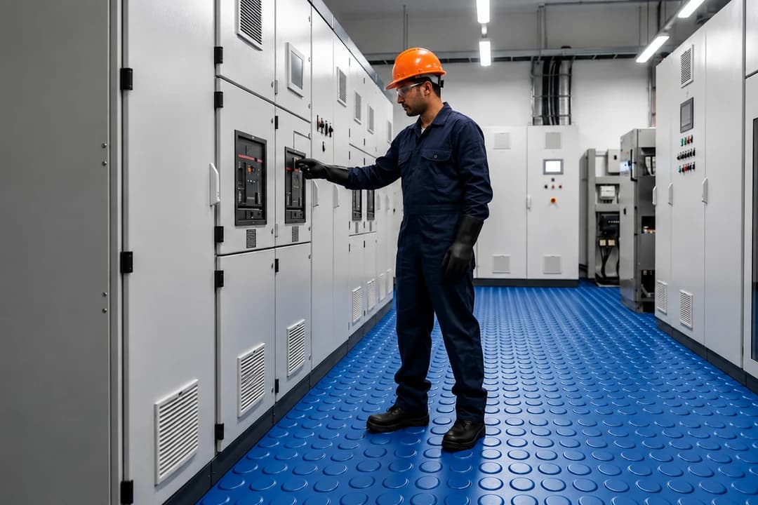 Electrical technician standing on a blue insulating mat while operating switchgear