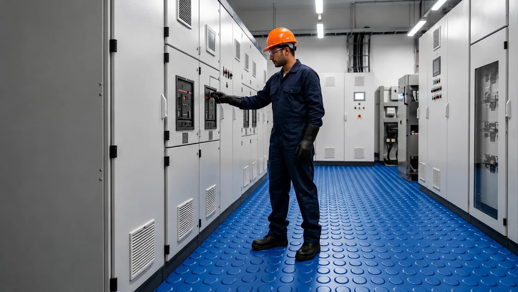 Electrical technician standing on a blue insulating mat while operating switchgear
