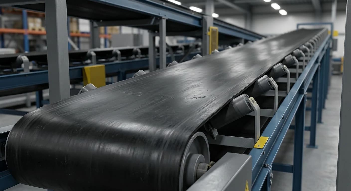 Industrial rubber conveyor belt installed on conveyor rollers