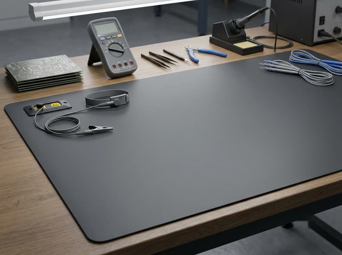 ESD protective work mat on an electronics workbench