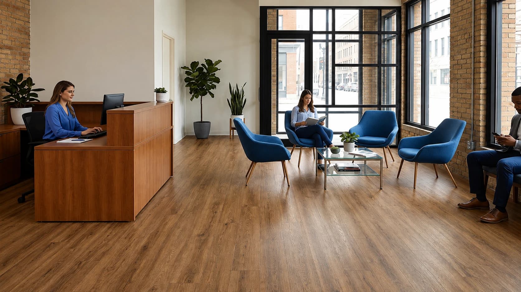 Wood-look BharatSmart Floor PVC flooring in a modern office reception and waiting area
