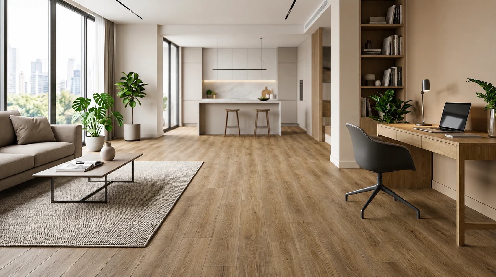 Wood-look BharatSmart Floor PVC flooring in a modern residential living and home-office interior